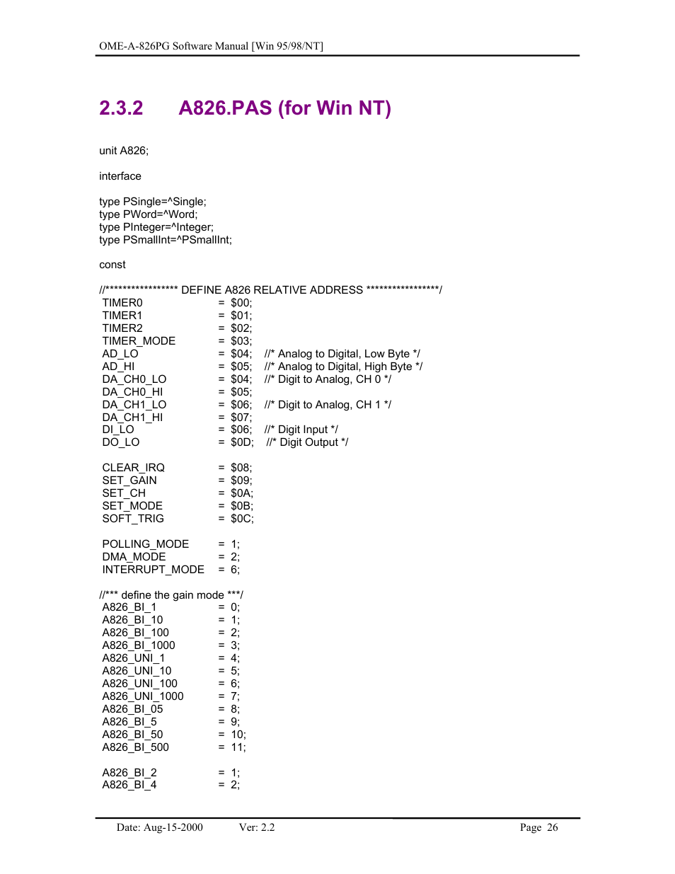 A826.pas (for win nt), 2 a826.pas (for win nt) | Omega Engineering OME-A826PG User Manual | Page 28 / 60