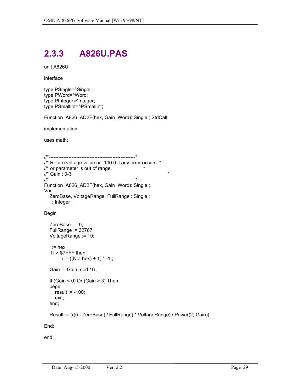 A826u.pas, 3 a826u.pas | Omega Engineering OME-A826PG User Manual | Page 31 / 60