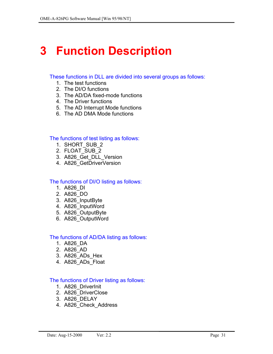 Function description, 3 function, Description | 3 function description | Omega Engineering OME-A826PG User Manual | Page 33 / 60