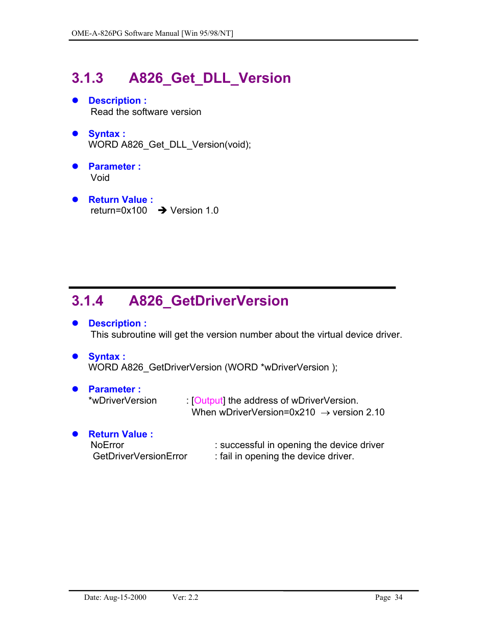 A826_get_dll_version, A826_getdriverversion, 3 a826_get_dll_version 3.1.4 a826_getdriverversion | 3 a826_get_dll_version, 4 a826_getdriverversion | Omega Engineering OME-A826PG User Manual | Page 36 / 60