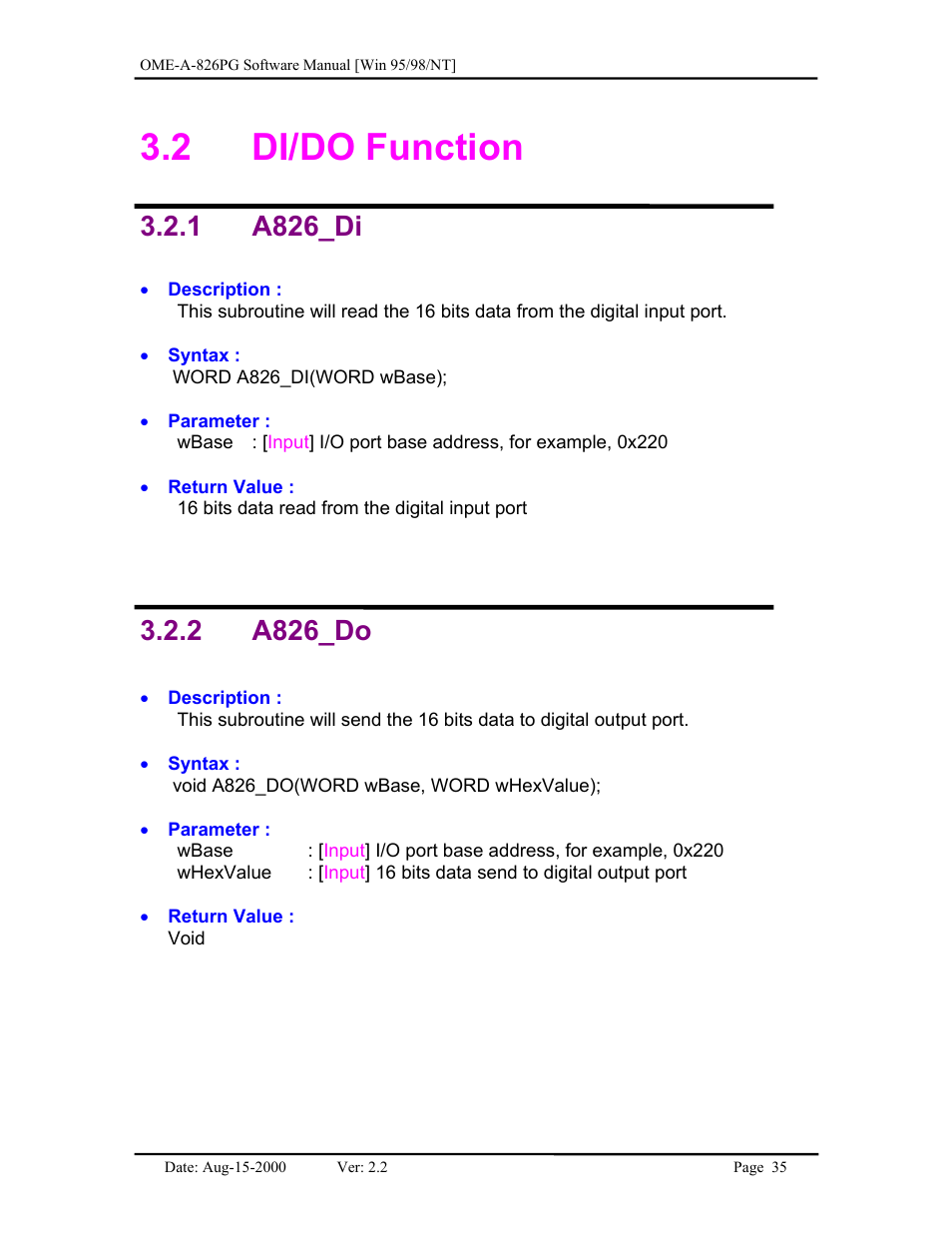 Di/do function, A826_di, A826_do | 2 di/do, Function, 1 a826_di 3.2.2 a826_do, 2 di/do function, 1 a826_di, 2 a826_do | Omega Engineering OME-A826PG User Manual | Page 37 / 60