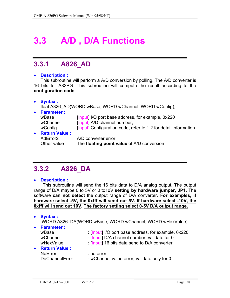 A/d , d/a functions, A826_ad, A826_da | 3 a/d , d/a functions, 1 a826_ad 3.3.2 a826_da, 1 a826_ad, 2 a826_da | Omega Engineering OME-A826PG User Manual | Page 40 / 60