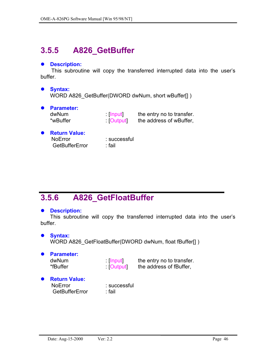 A826_getbuffer, A826_getfloatbuffer, 5 a826_getbuffer 3.5.6 a826_getfloatbuffer | 5 a826_getbuffer, 6 a826_getfloatbuffer | Omega Engineering OME-A826PG User Manual | Page 48 / 60