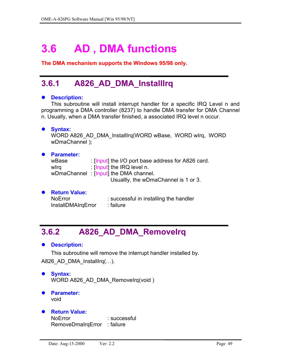 Ad , dma functions, A826_ad_dma_installirq, A826_ad_dma_removeirq | 6 ad , dma functions, 1 a826_ad_dma_installirq, 2 a826_ad_dma_removeirq | Omega Engineering OME-A826PG User Manual | Page 51 / 60