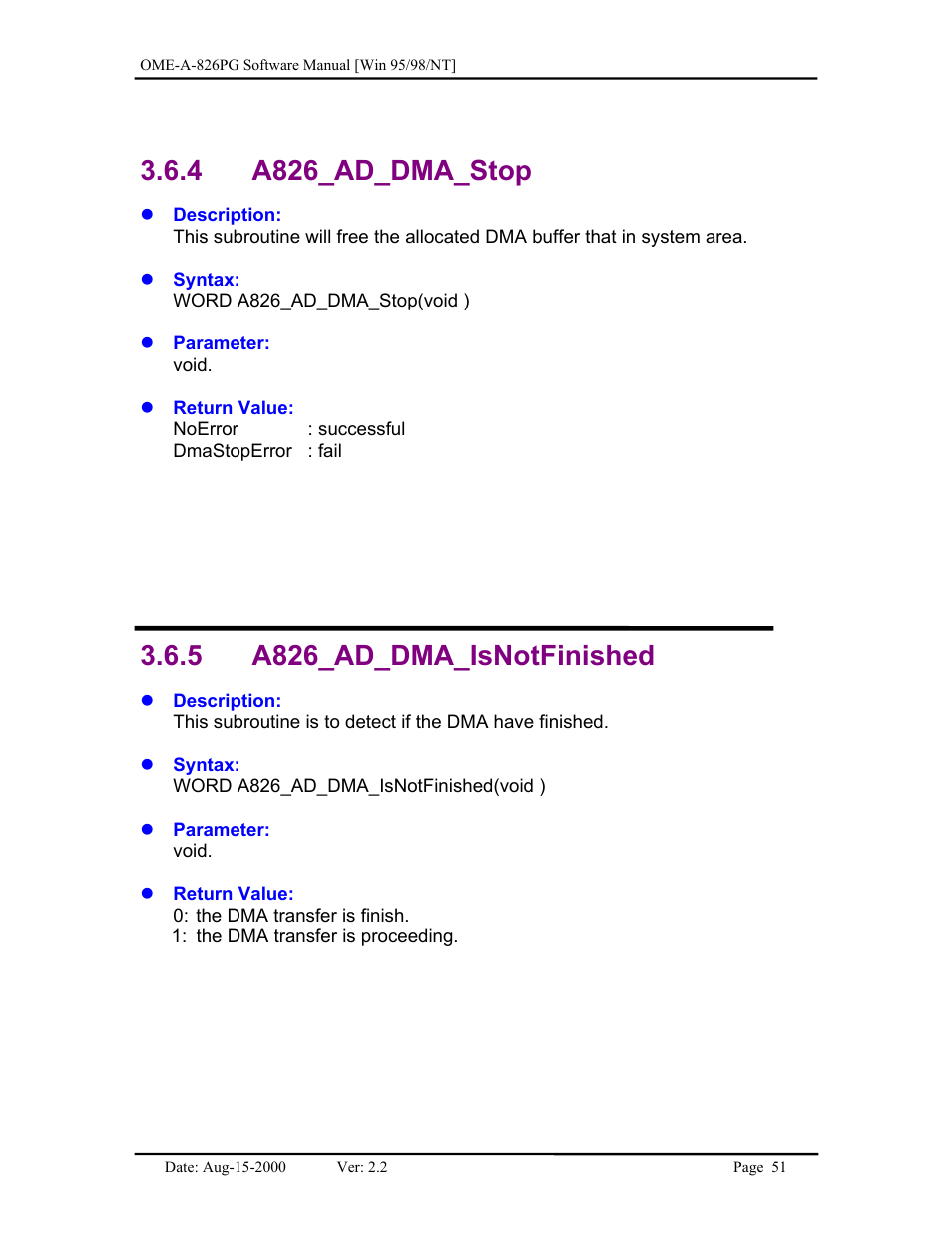 A826_ad_dma_stop, A826_ad_dma_isnotfinished, 4 a826_ad_dma_stop 3.6.5 a826_ad_dma_isnotfinished | 4 a826_ad_dma_stop, 5 a826_ad_dma_isnotfinished | Omega Engineering OME-A826PG User Manual | Page 53 / 60