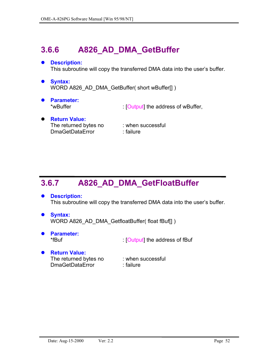 A826_ad_dma_getbuffer, A826_ad_dma_getfloatbuffer, 6 a826_ad_dma_getbuffer | 7 a826_ad_dma_getfloatbuffer | Omega Engineering OME-A826PG User Manual | Page 54 / 60