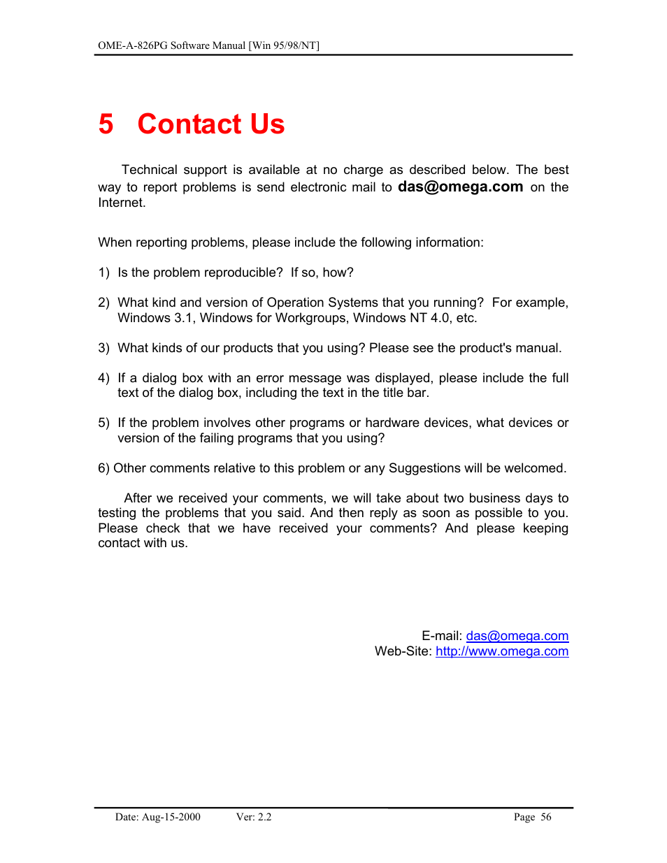 Contact us, 5 contact, 5 contact us | Omega Engineering OME-A826PG User Manual | Page 58 / 60