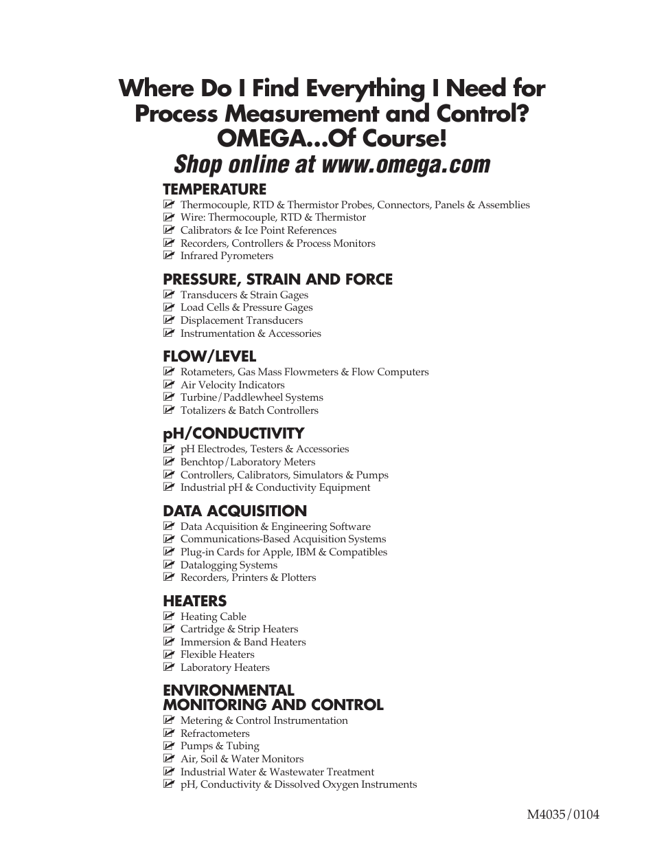 Temperature, Pressure, strain and force, Flow/level | Ph/conductivity, Data acquisition, Heaters, Environmental monitoring and control | Omega Engineering OME-A826PG User Manual | Page 60 / 60