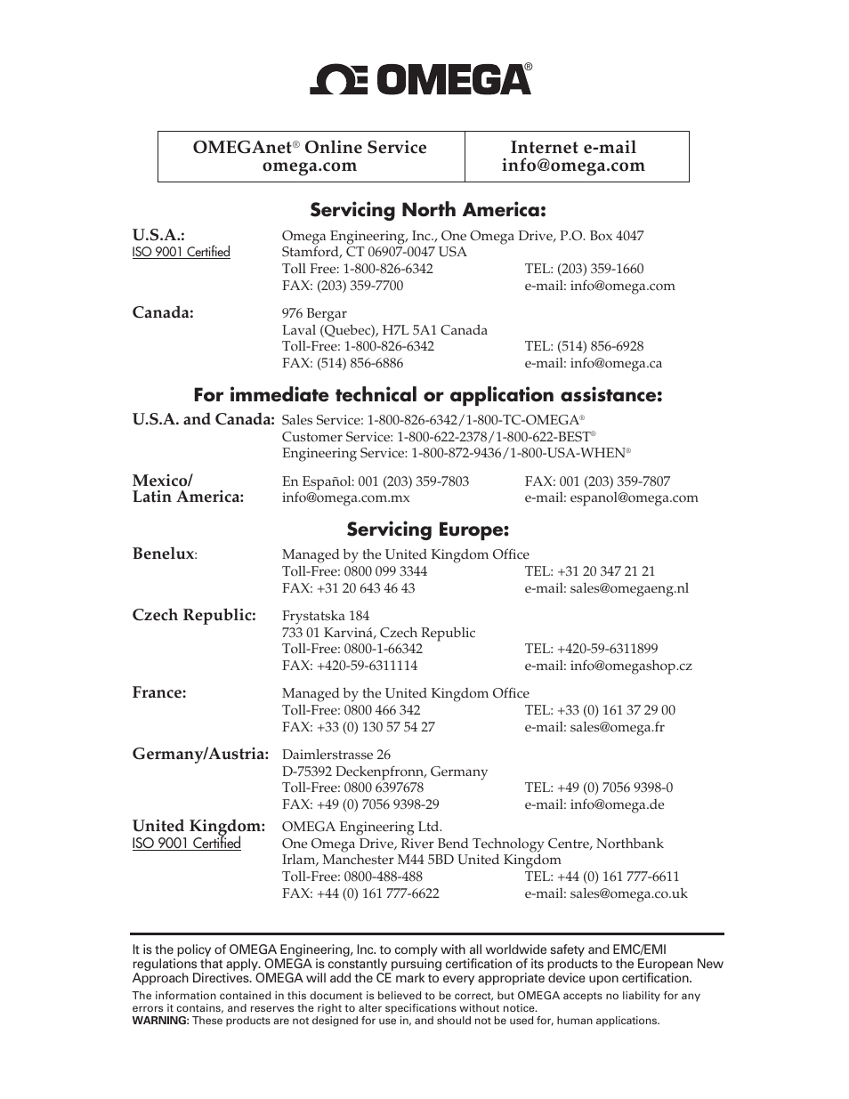 Servicing north america, For immediate technical or application assistance, Servicing europe | Omeganet | Omega Engineering LVU-700 User Manual | Page 2 / 6