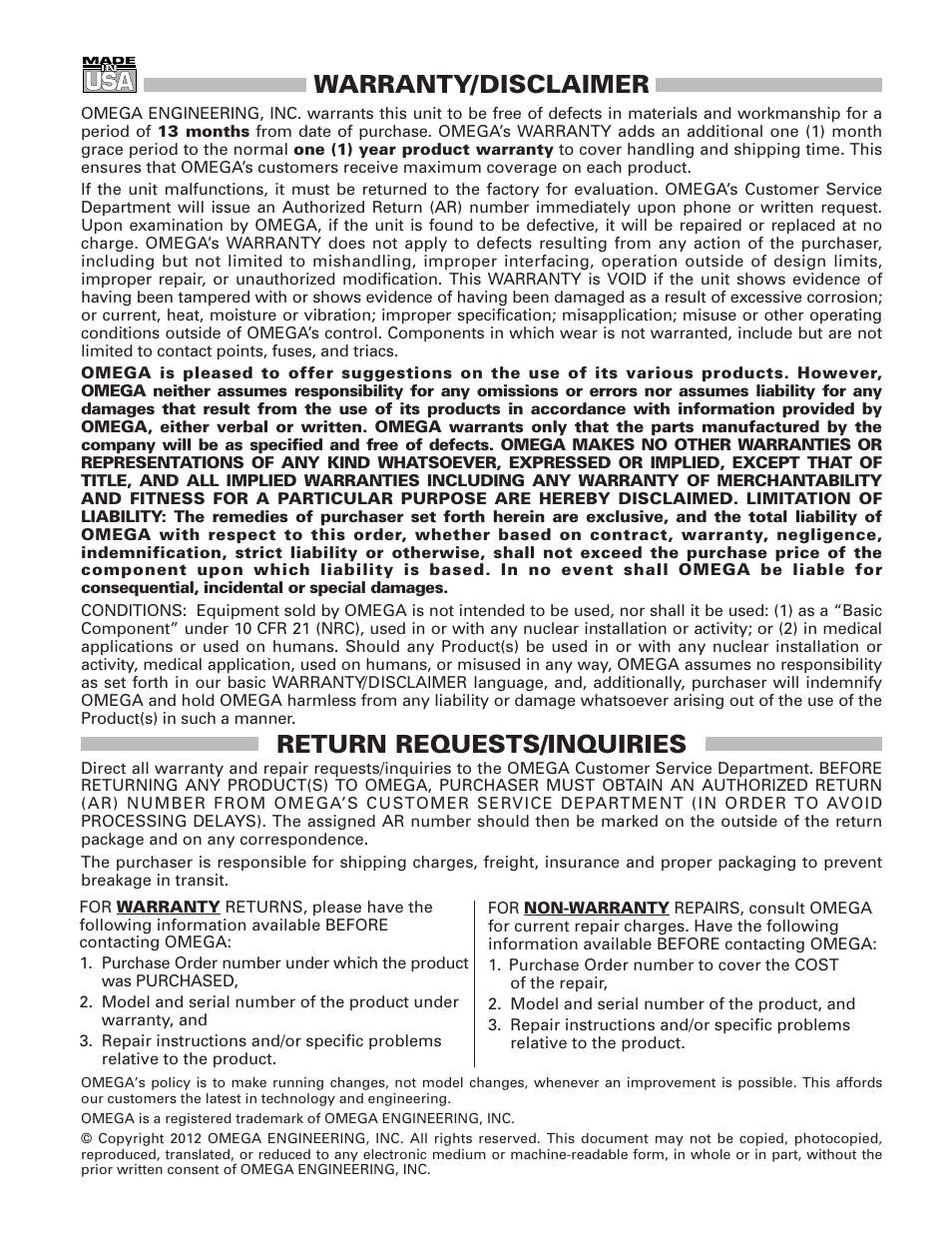 Warranty/disclaimer, Return requests/inquiries | Omega Engineering LVU-700 User Manual | Page 5 / 6