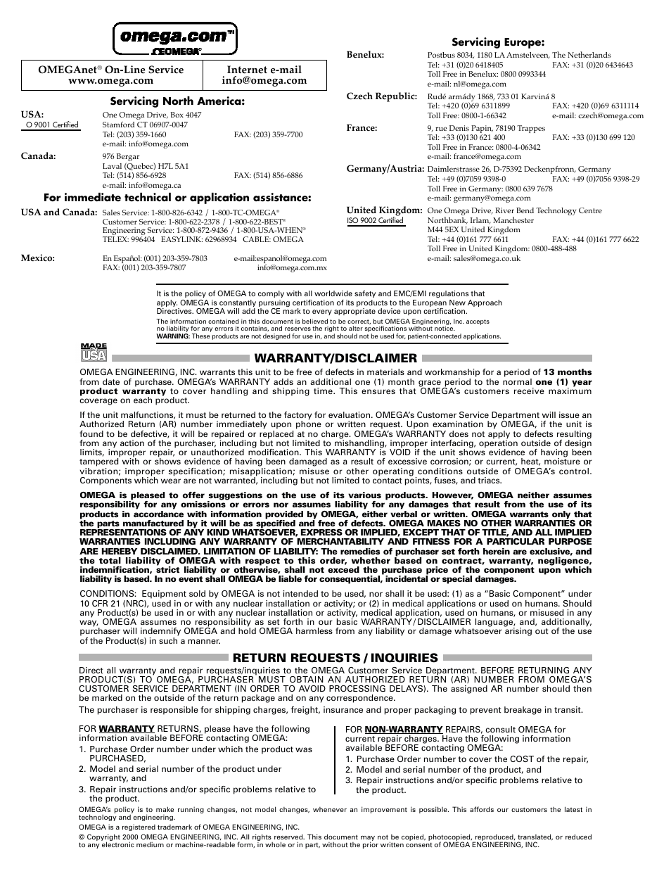 Warranty/disclaimer, Return requests / inquiries | Omega Engineering PSW-180 User Manual | Page 2 / 2