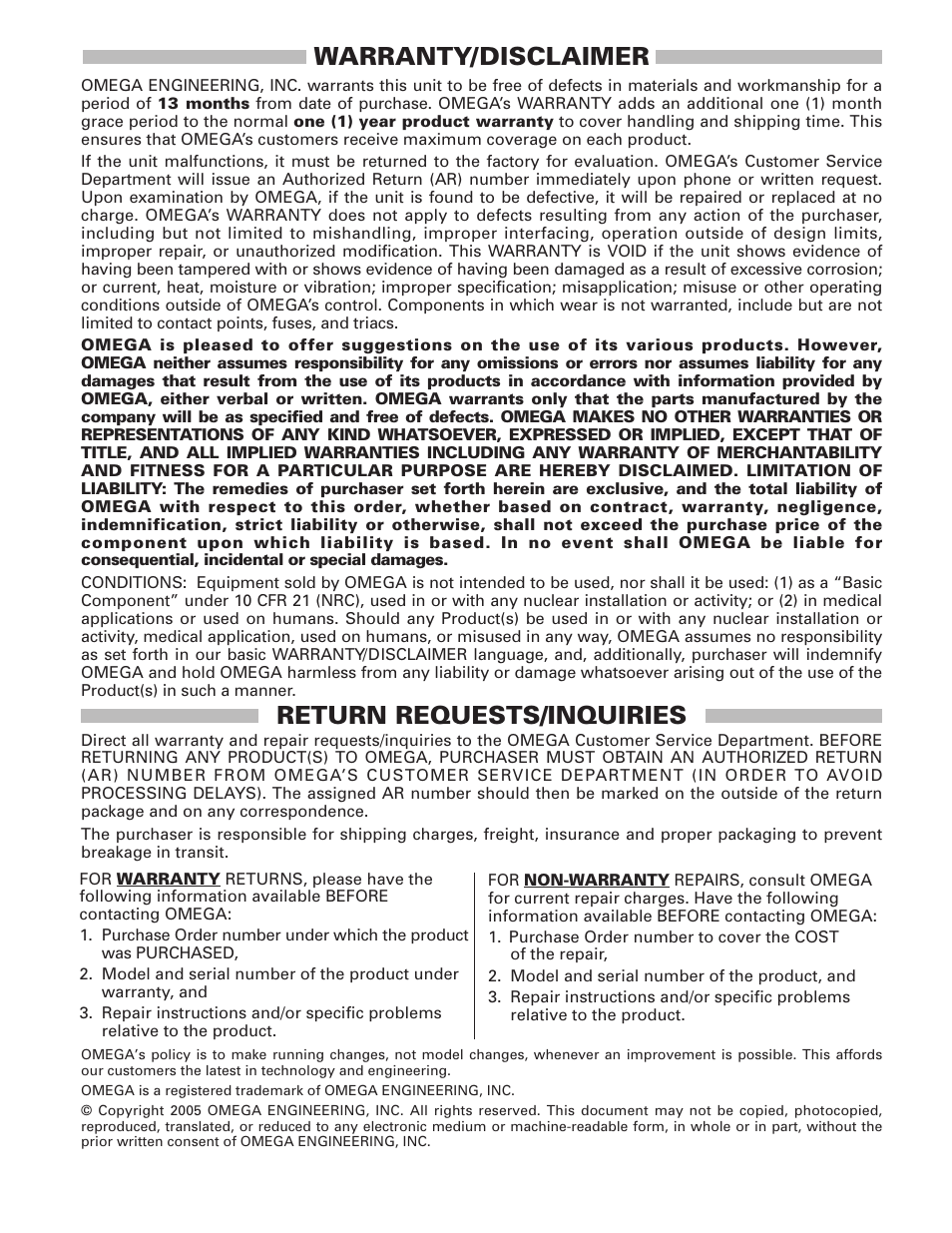 Warranty/disclaimer, Return requests/inquiries | Omega Engineering BRIDGESENSOR DMD-466 User Manual | Page 7 / 8