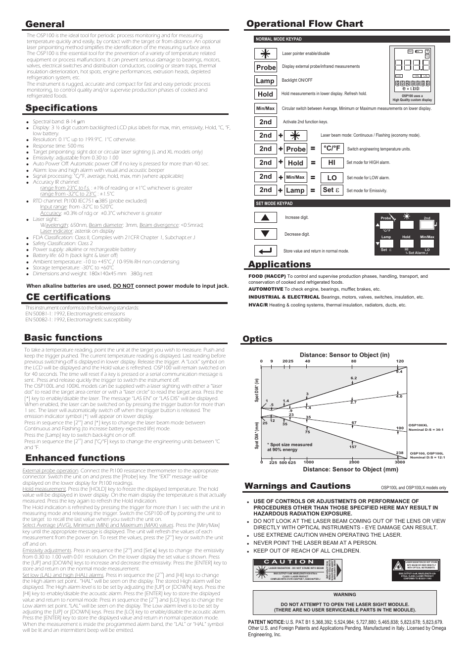 Operational flow chart, Applications, Basic functions enhanced functions | Specifications general, Ce certifications, Optics warnings and cautions, Probe lamp, Hold 2nd 2nd probe lamp hold, Hi lo °c/°f | Omega Engineering OSP100 Series User Manual | Page 2 / 2