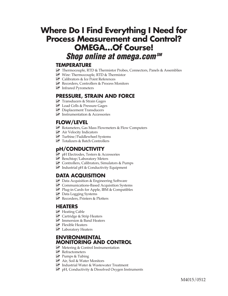 Temperature, Pressure, strain and force, Flow/level | Ph/conductivity, Data acquisition, Heaters, Environmental monitoring and control | Omega OS137 User Manual | Page 20 / 20