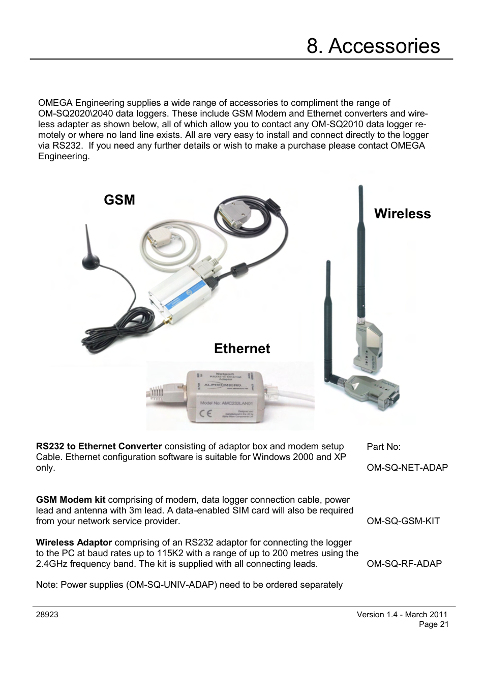 Accessories, Gsm wireless ethernet | Omega Engineering OM-SQ2040 Series User Manual | Page 21 / 28