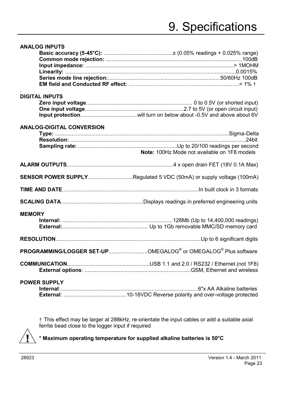 Specifications | Omega Engineering OM-SQ2040 Series User Manual | Page 23 / 28