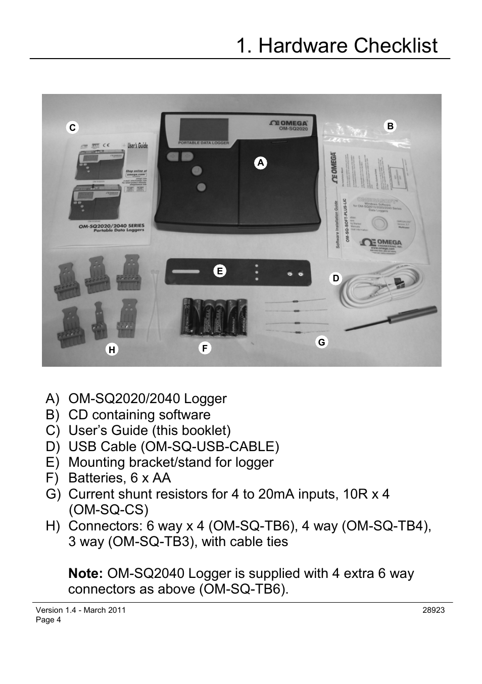 Hardware checklist | Omega Engineering OM-SQ2040 Series User Manual | Page 4 / 28