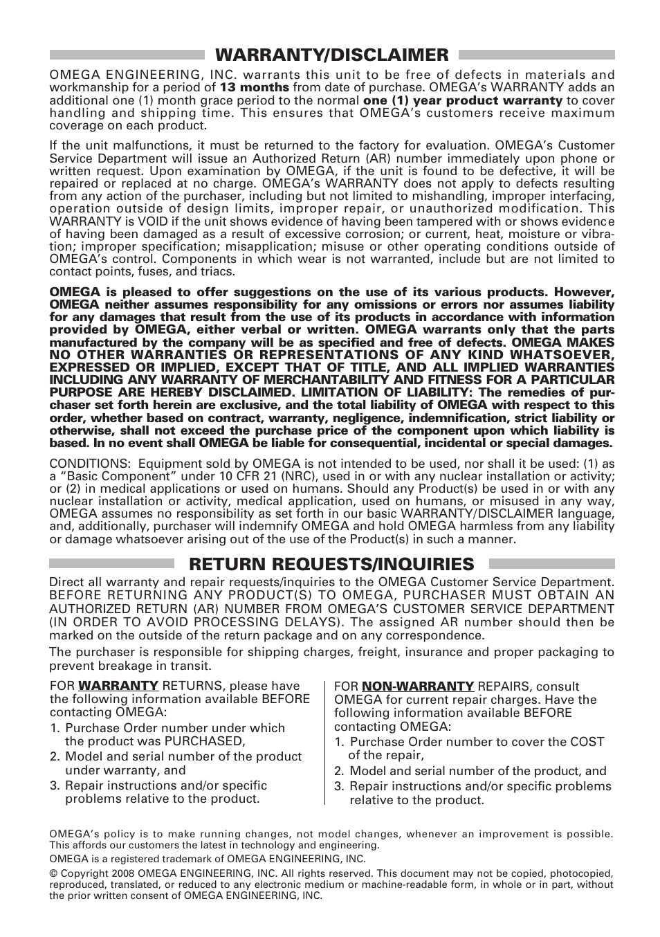 Warranty/disclaimer, Return requests/inquiries | Omega Engineering HH306 User Manual | Page 12 / 13