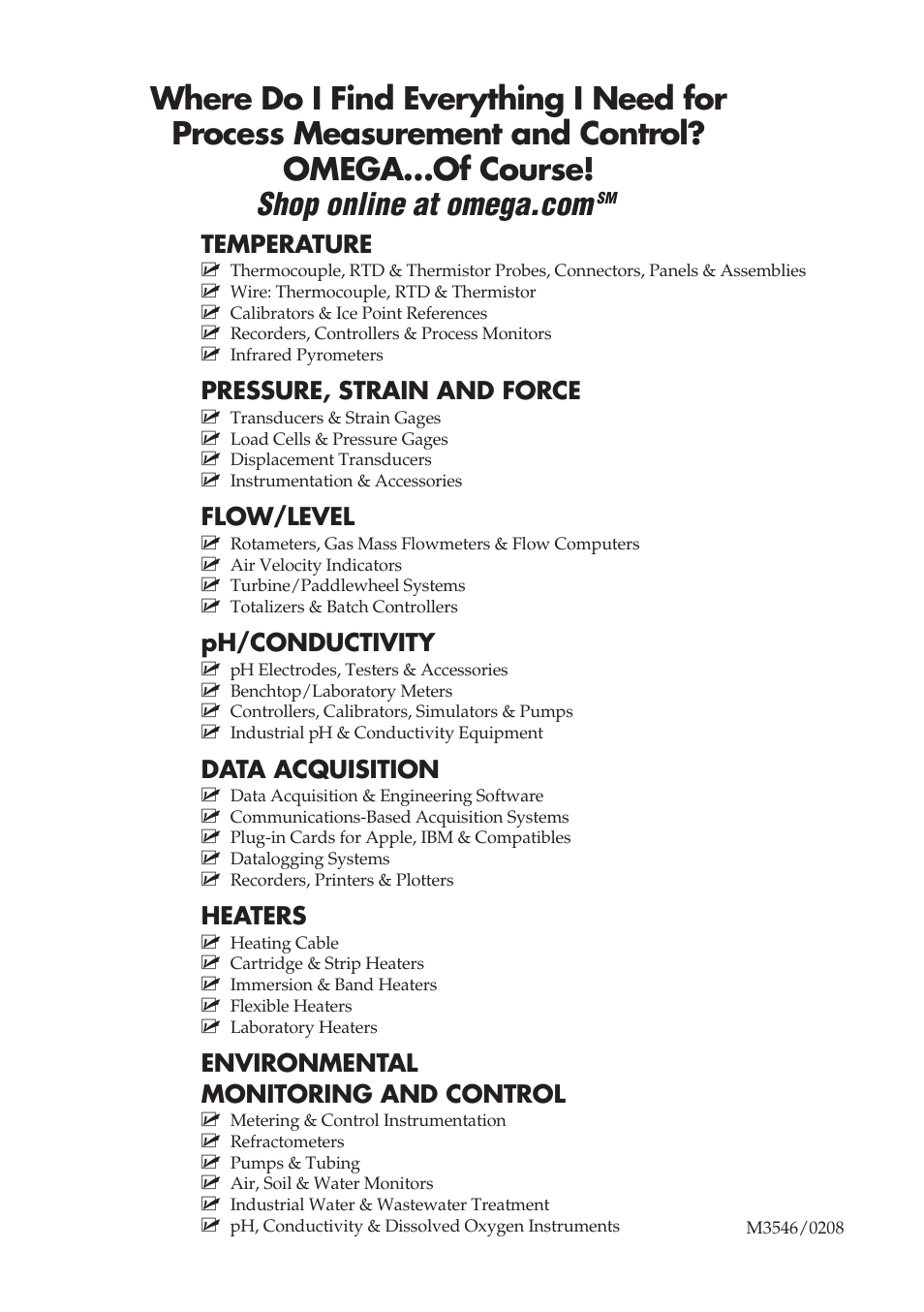 Temperature, Pressure, strain and force, Flow/level | Ph/conductivity, Data acquisition, Heaters, Environmental monitoring and control | Omega Engineering HH306 User Manual | Page 13 / 13