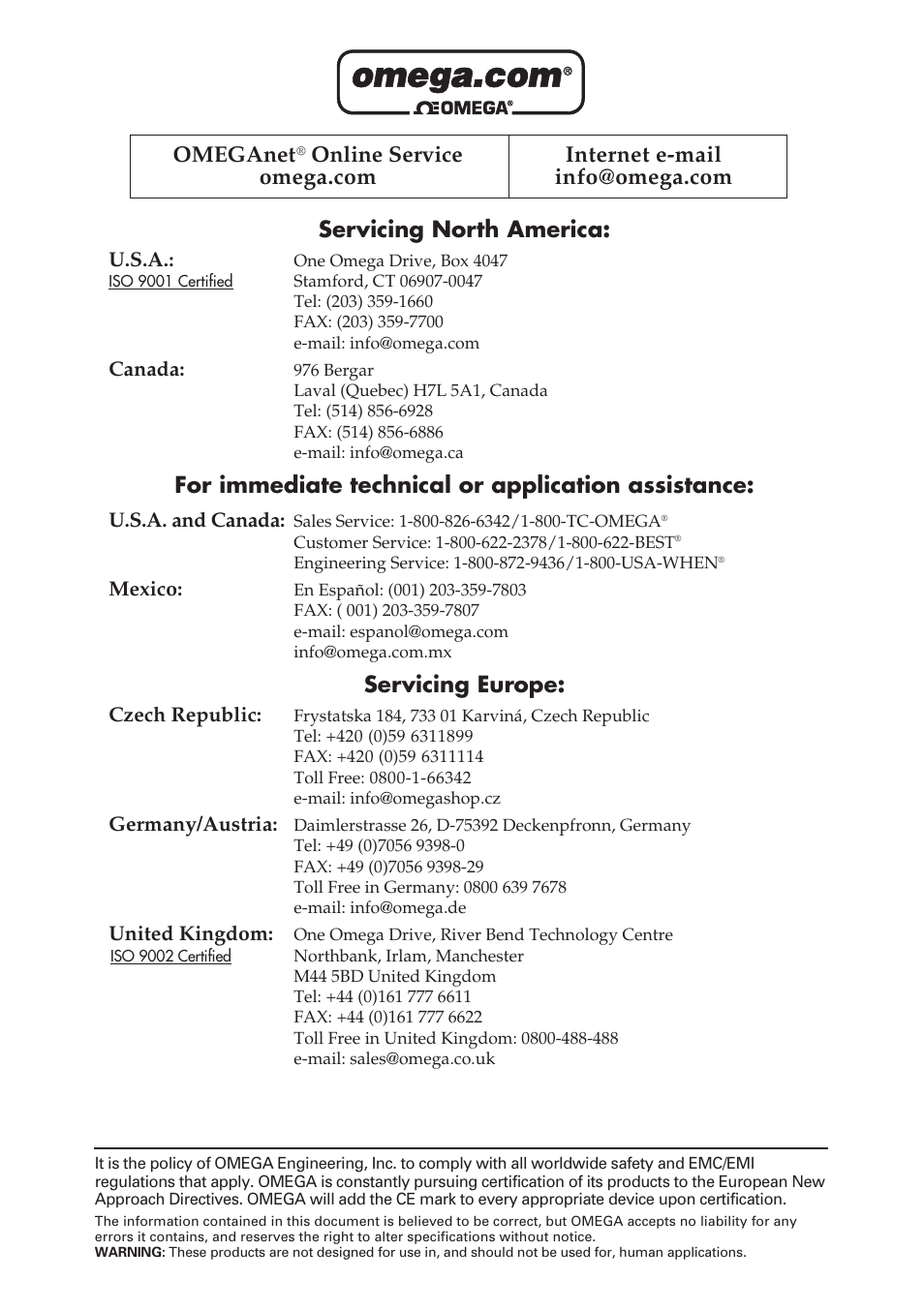 Servicing north america, For immediate technical or application assistance, Servicing europe | Omeganet | Omega Engineering HH306 User Manual | Page 2 / 13