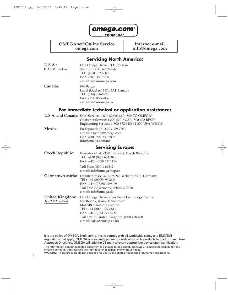 Servicing north america, For immediate technical or application assistance, Servicing europe | Omeganet | Omega Engineering PSW1000 User Manual | Page 2 / 8
