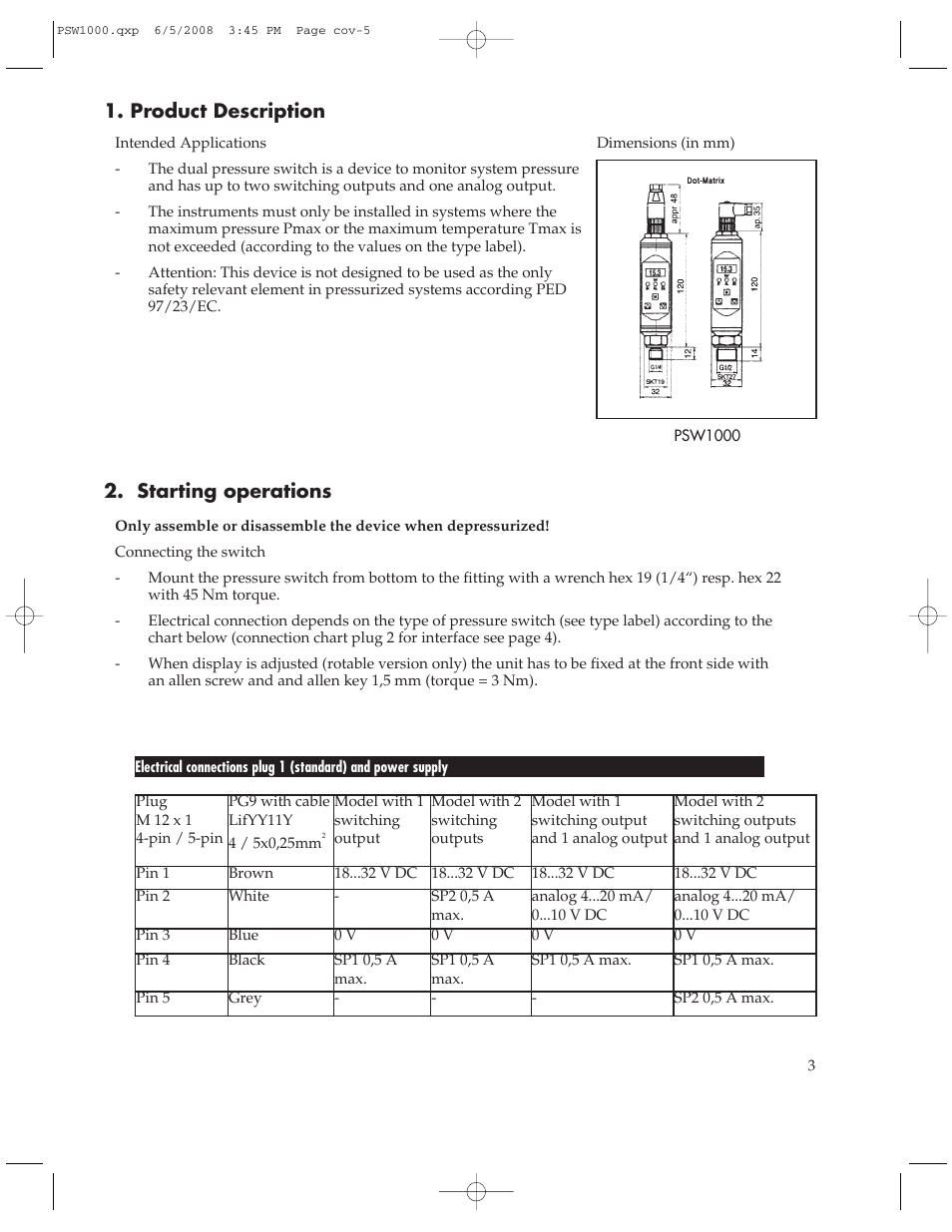 Product description 2. starting operations | Omega Engineering PSW1000 User Manual | Page 3 / 8