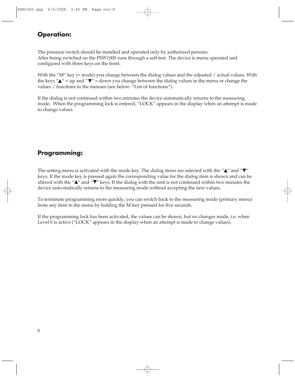 Operation, Programming | Omega Engineering PSW1000 User Manual | Page 6 / 8