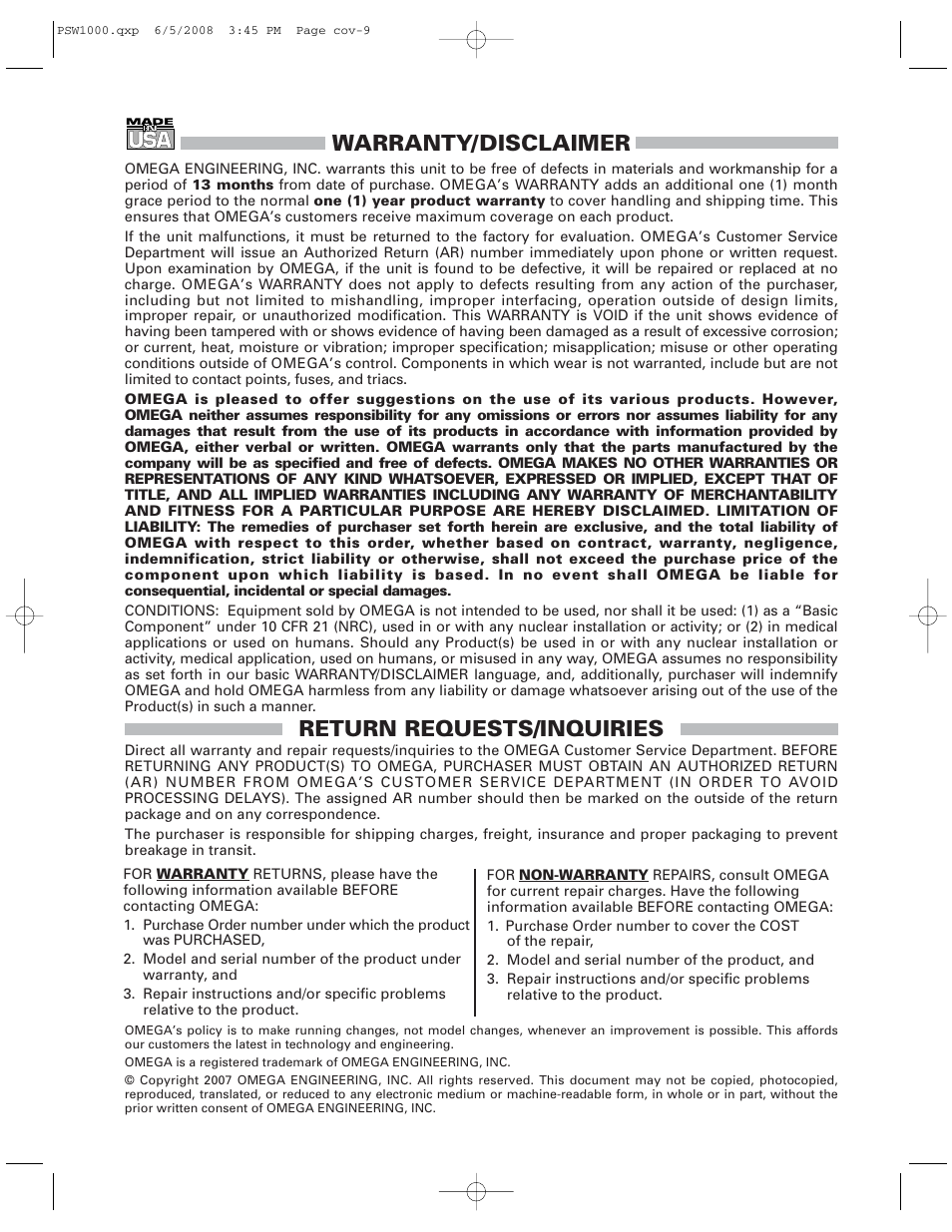 Warranty/disclaimer, Return requests/inquiries | Omega Engineering PSW1000 User Manual | Page 7 / 8