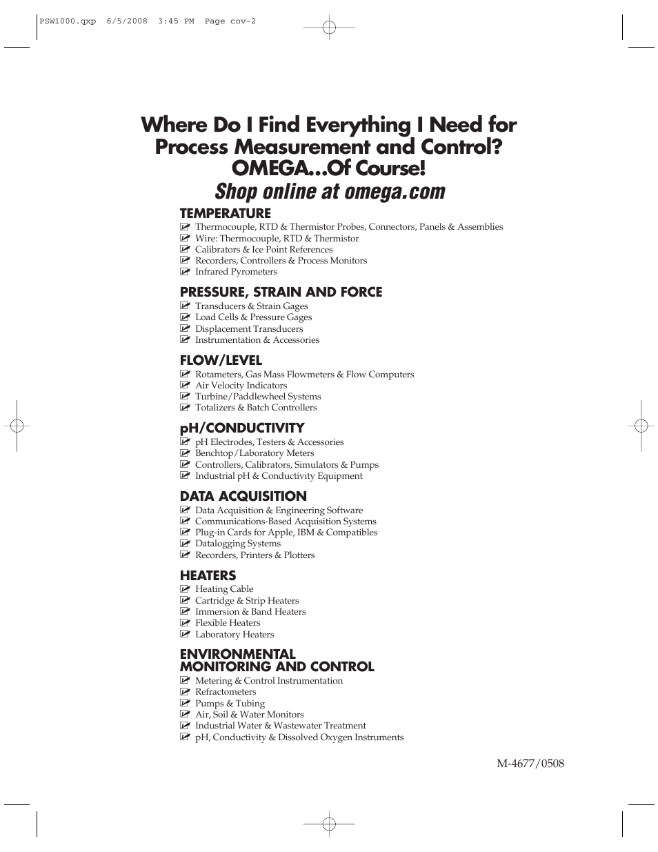 Temperature, Pressure, strain and force, Flow/level | Ph/conductivity, Data acquisition, Heaters, Environmental monitoring and control | Omega Engineering PSW1000 User Manual | Page 8 / 8