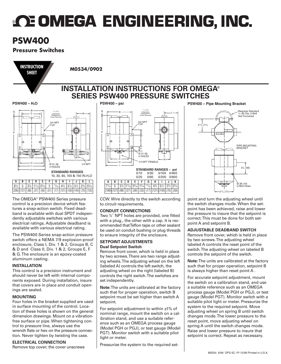 Omega Engineering PSW400 User Manual | 2 pages