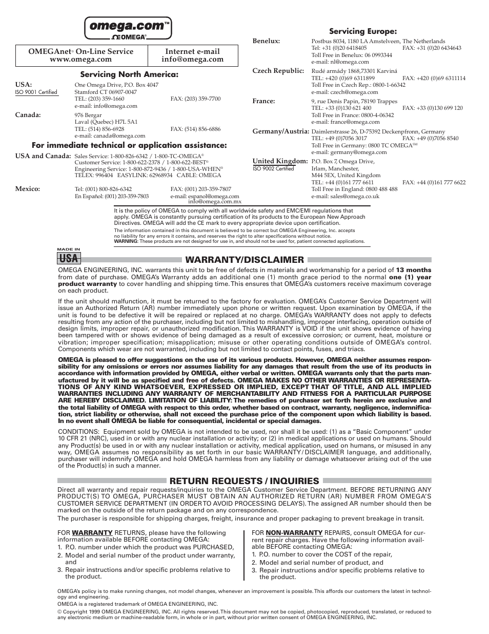 Warranty/disclaimer, Return requests / inquiries, Omeganet | Omega Engineering PSW400 User Manual | Page 2 / 2