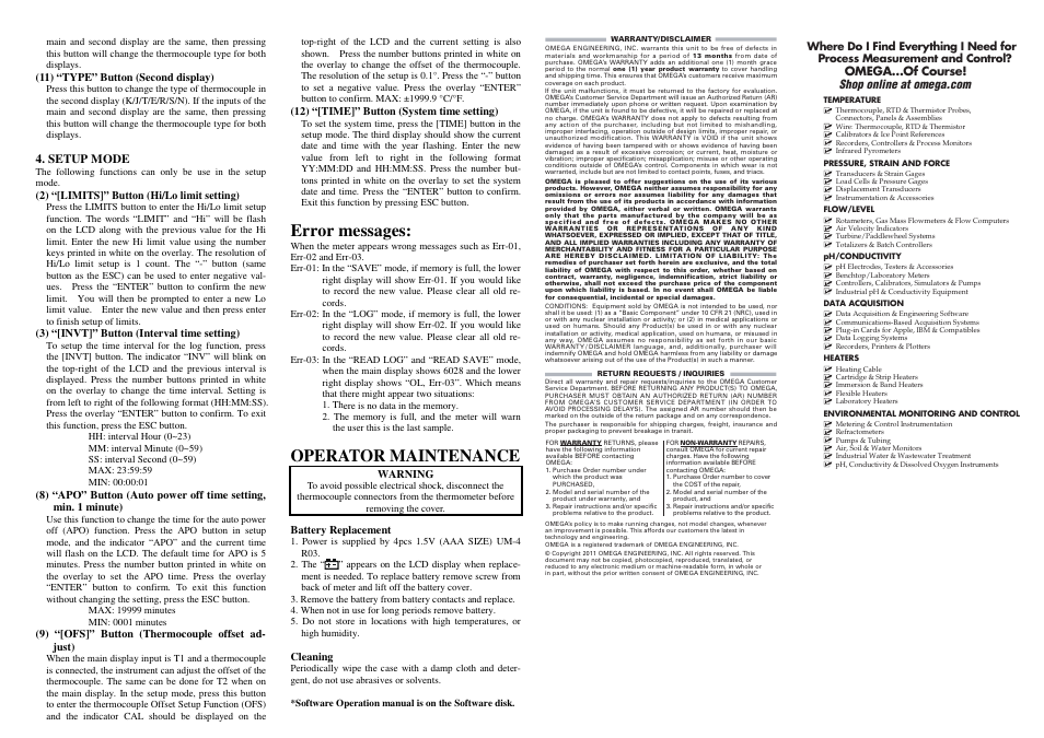 Error messages, Operator maintenance, Setup mode | Omega Engineering HH806AW User Manual | Page 3 / 3