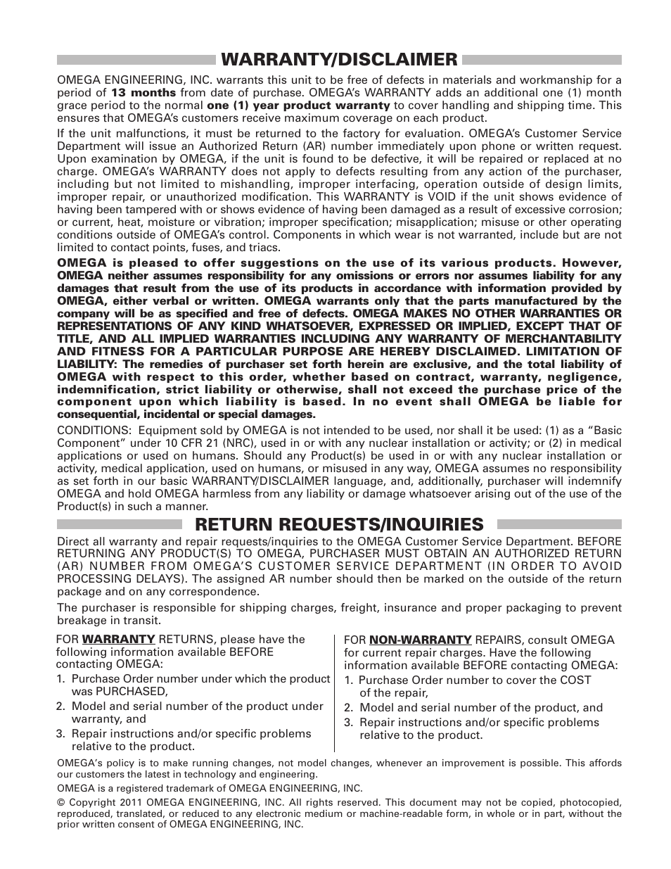 Warranty/disclaimer, Return requests/inquiries | Omega Engineering OS136 User Manual | Page 15 / 16