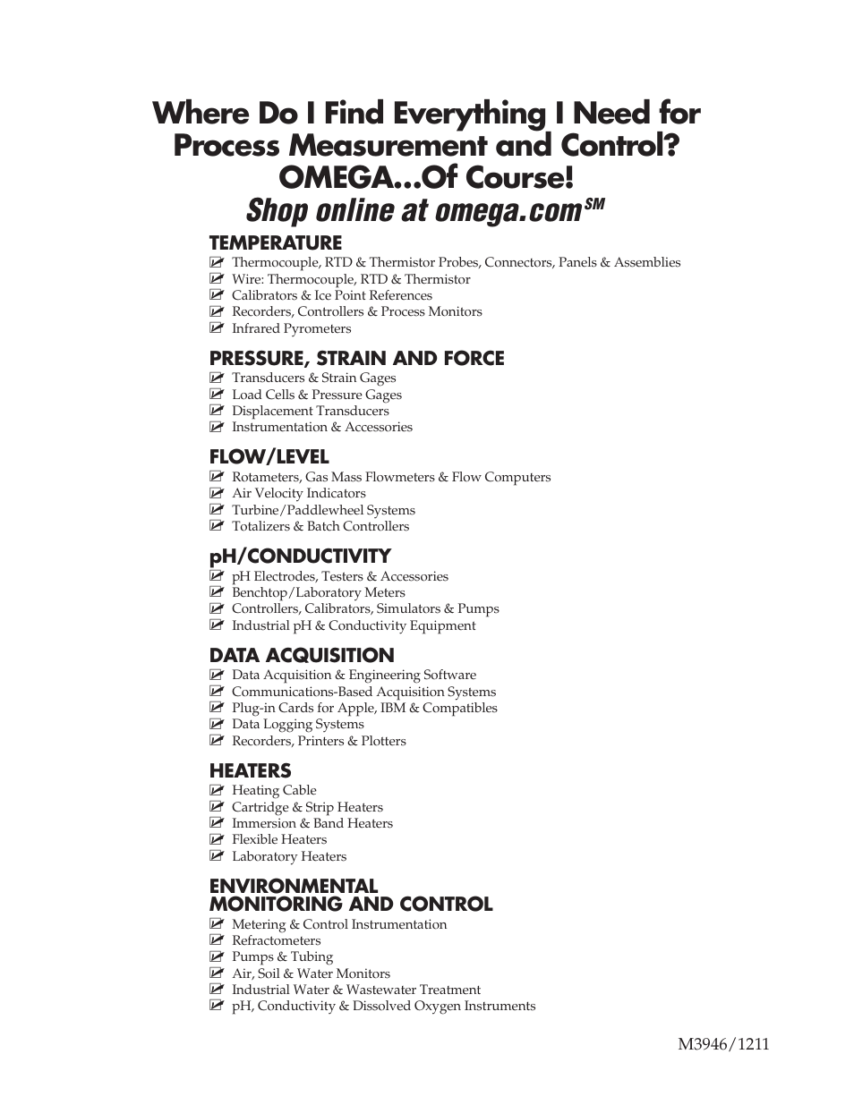 Temperature, Pressure, strain and force, Flow/level | Ph/conductivity, Data acquisition, Heaters, Environmental monitoring and control | Omega Engineering OS136 User Manual | Page 16 / 16