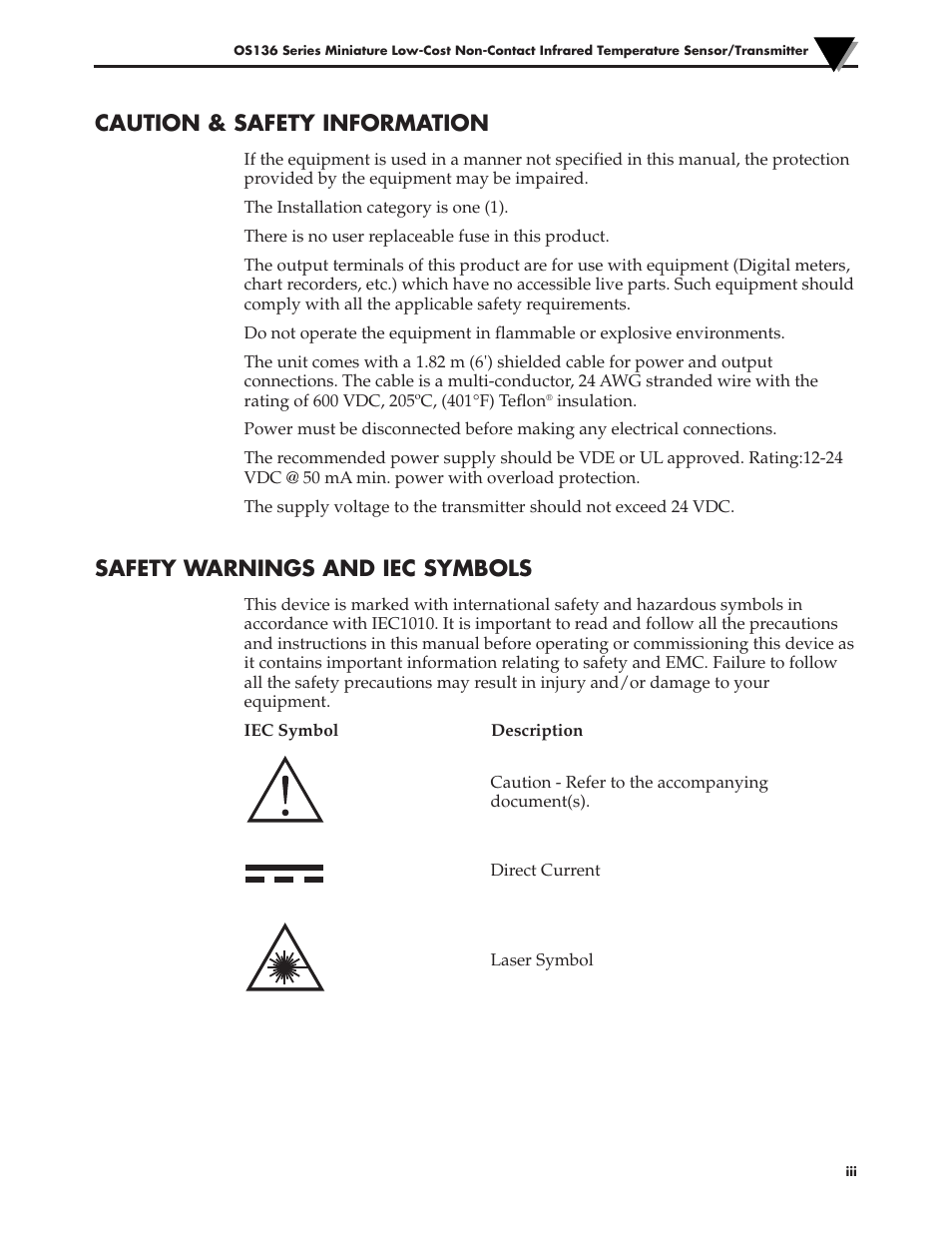 Caution & safety information, Safety warnings and iec symbols | Omega Engineering OS136 User Manual | Page 5 / 16