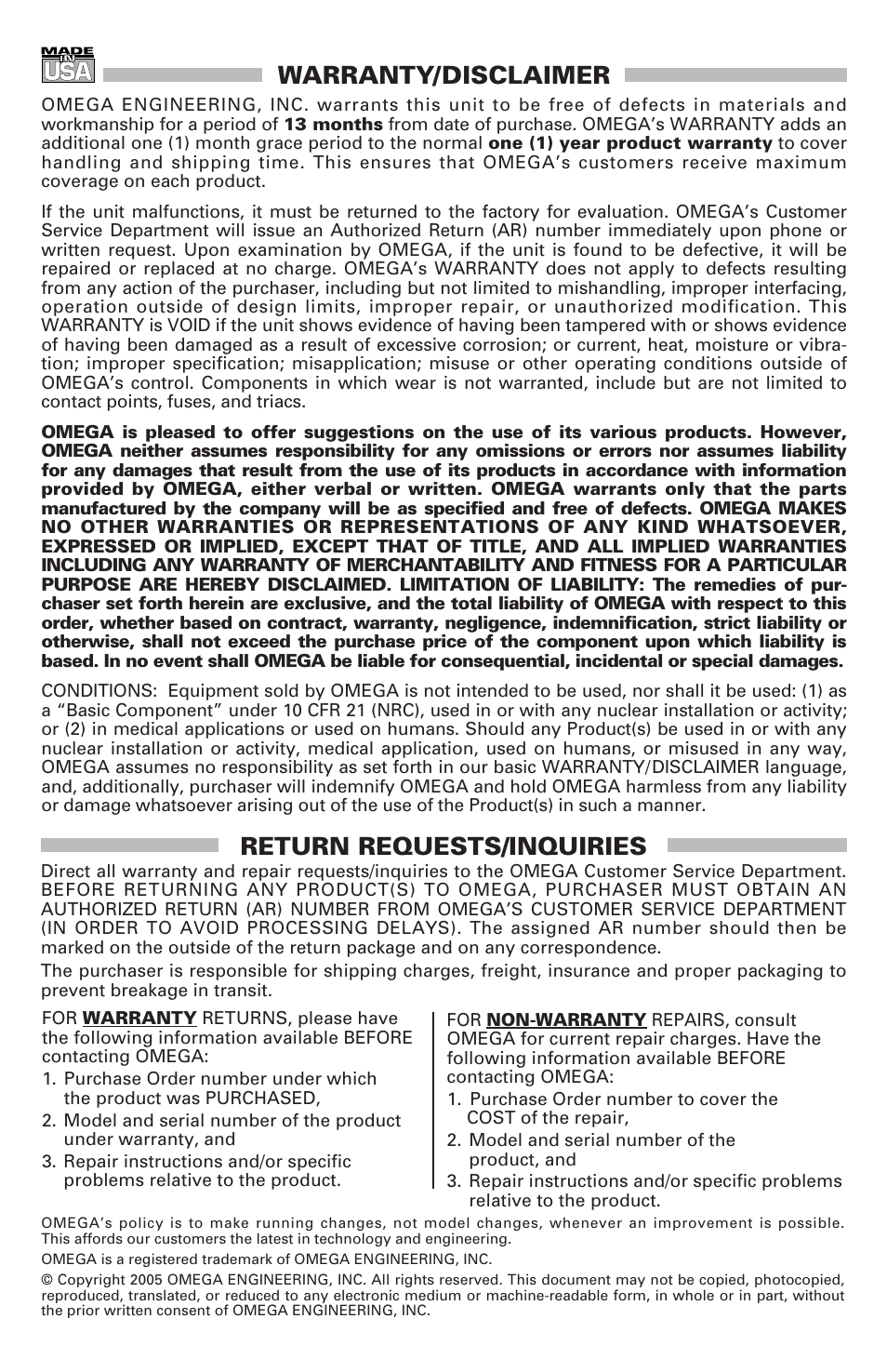 Warranty/disclaimer, Return requests/inquiries | Omega Engineering FPR 200 User Manual | Page 15 / 16