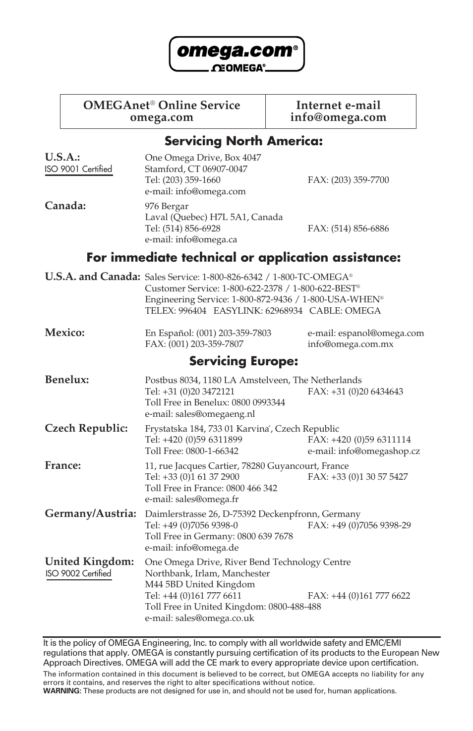 Servicing north america, For immediate technical or application assistance, Servicing europe | Omeganet | Omega Engineering FPR 200 User Manual | Page 2 / 16