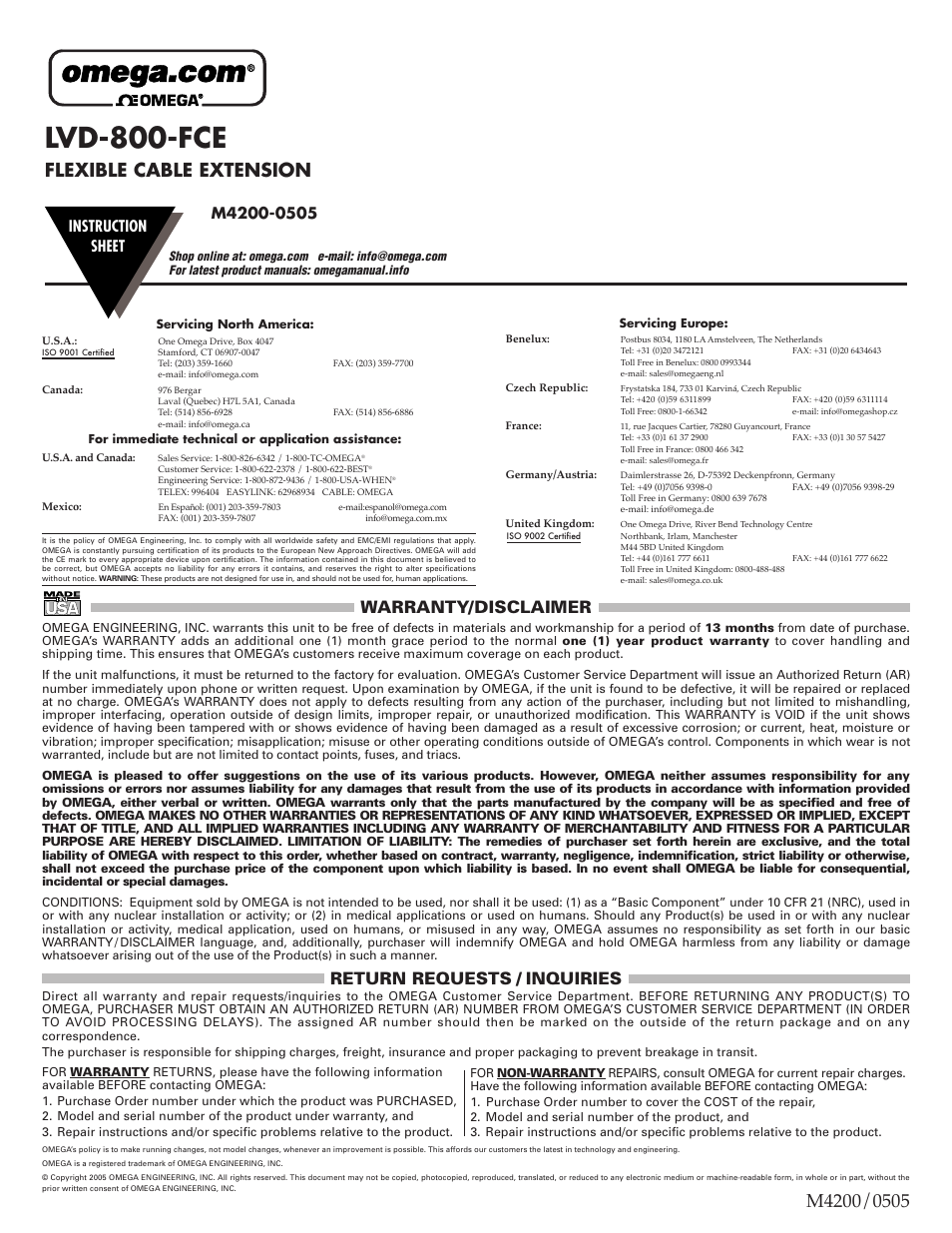 Omega Engineering Flexible Cable Extension LVD-800-FCE User Manual | 2 pages