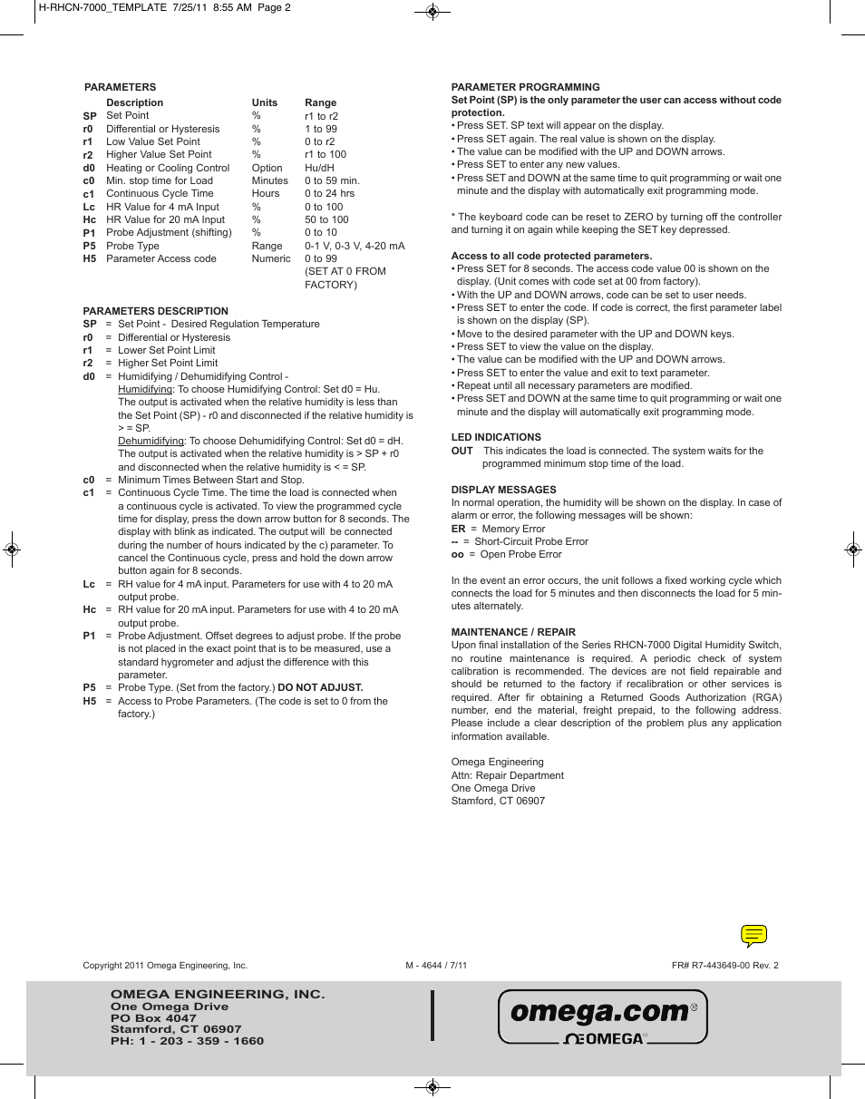 Omega Engineering RHCN-7000 User Manual | Page 2 / 2