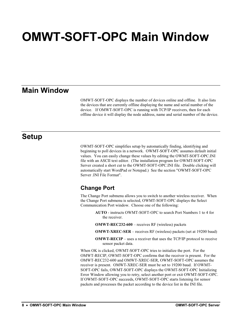 Polling, Identification, Filtering | Access/control reader: idrn, Repeater: repeatern, Dual discrete output: outputdiscn, Omwt-soft-opc main window, Main window, Setup, Change port | Omega Engineering M-4066 User Manual | Page 12 / 63