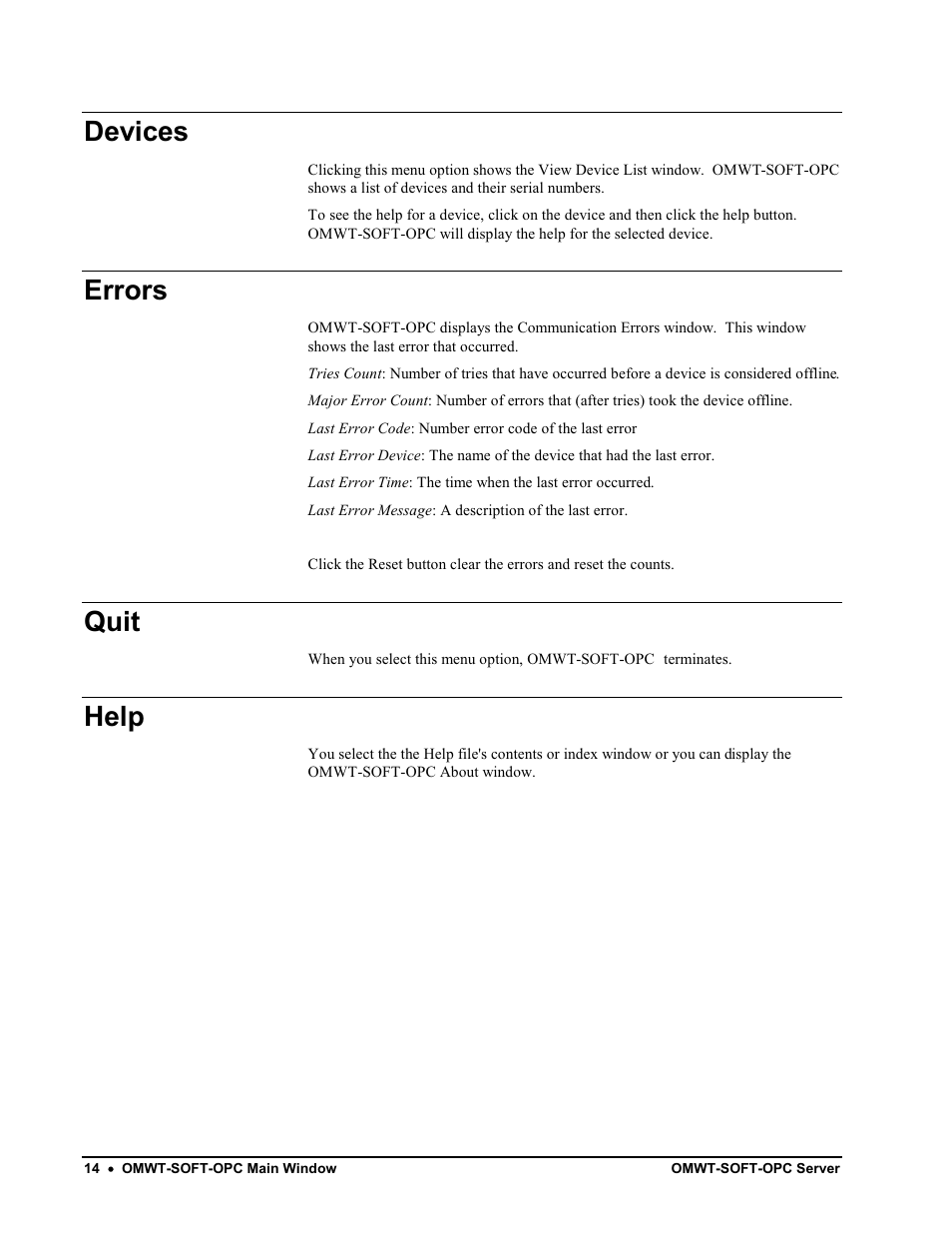 Train, Devices, Errors | Quit, Help | Omega Engineering M-4066 User Manual | Page 18 / 63