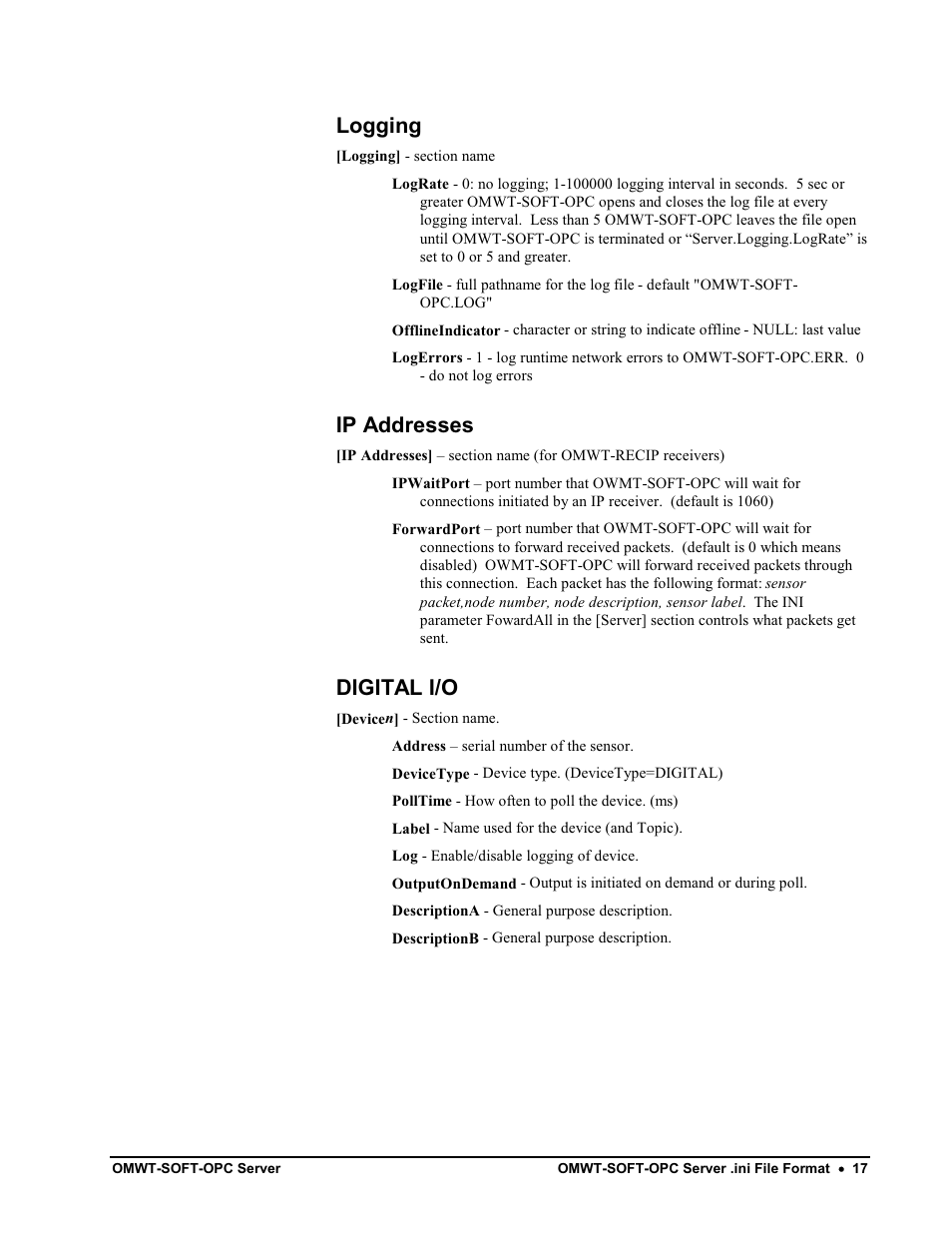 Omwt-soft-opc server .ini file format, Omwt-soft-opc.ini, Cannot open communication port; already in use | Cannot find receiver, Logging, Ip addresses, Digital i/o | Omega Engineering M-4066 User Manual | Page 21 / 63