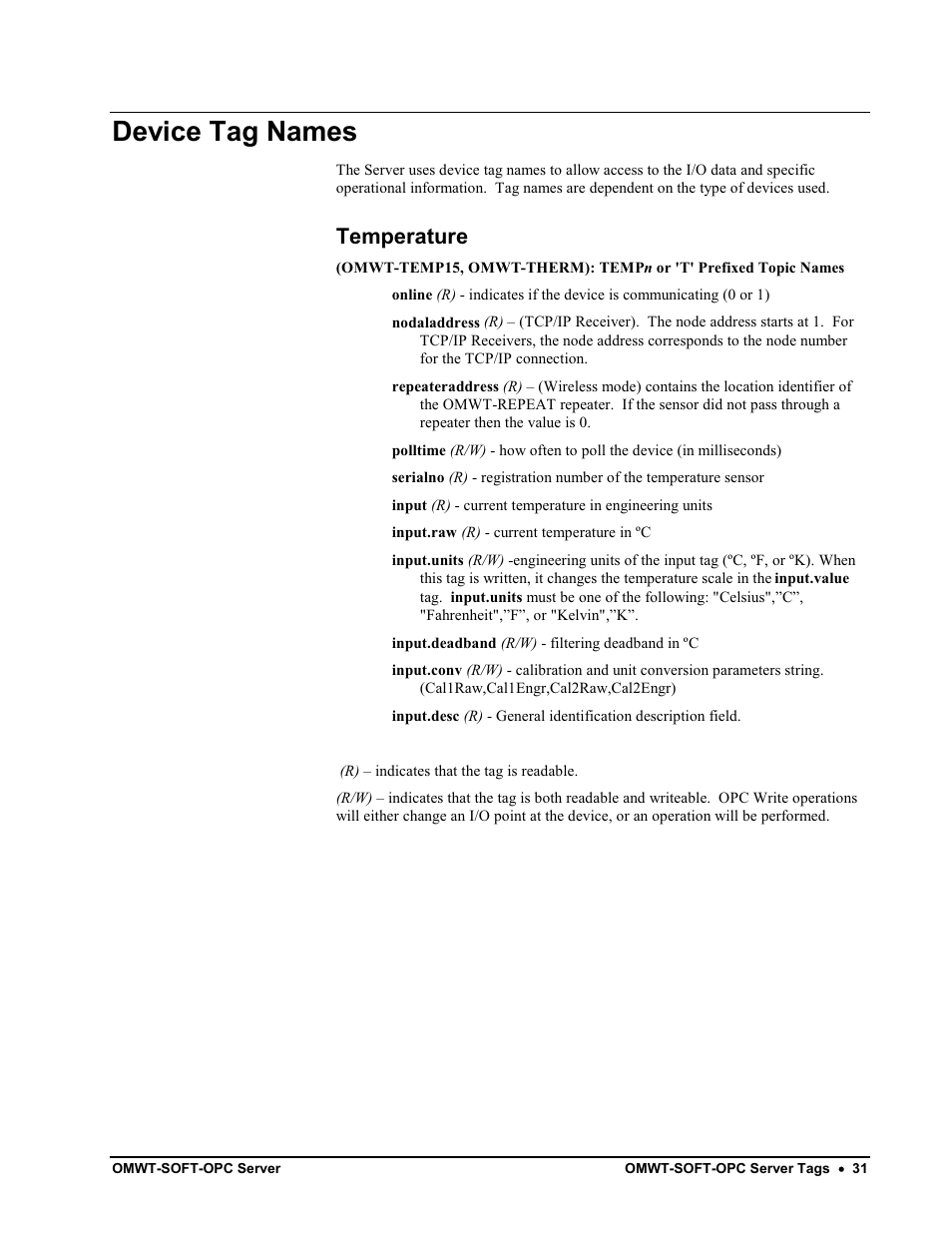 Omwt-soft-opc server tags, Using opc tags, Device names | Device tag names, Temperature | Omega Engineering M-4066 User Manual | Page 35 / 63