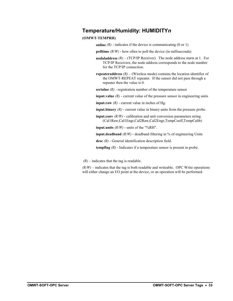 Device tag names, Temperature, Temperature/humidity: humidityn | Omega Engineering M-4066 User Manual | Page 37 / 63