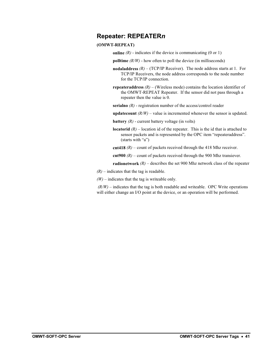 Access/control reader: idrn, Repeater: repeatern | Omega Engineering M-4066 User Manual | Page 45 / 63