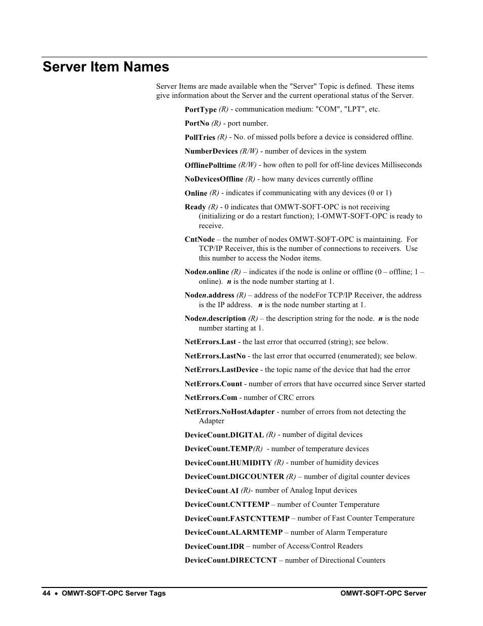 Dual discrete output: outputdiscn, Server item names | Omega Engineering M-4066 User Manual | Page 48 / 63