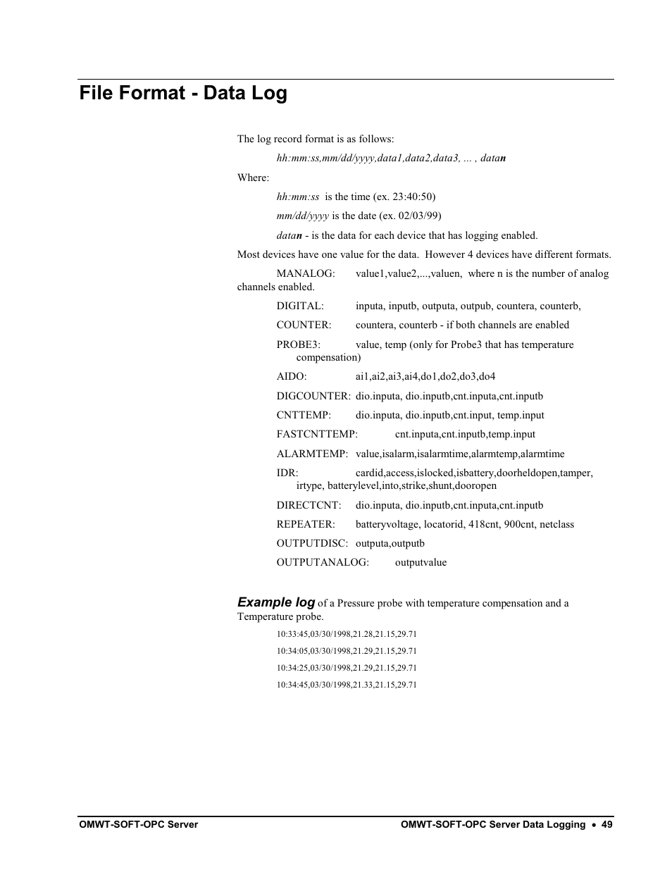 Omwt-soft-opc server data logging, Features, Window | File format - data log | Omega Engineering M-4066 User Manual | Page 53 / 63