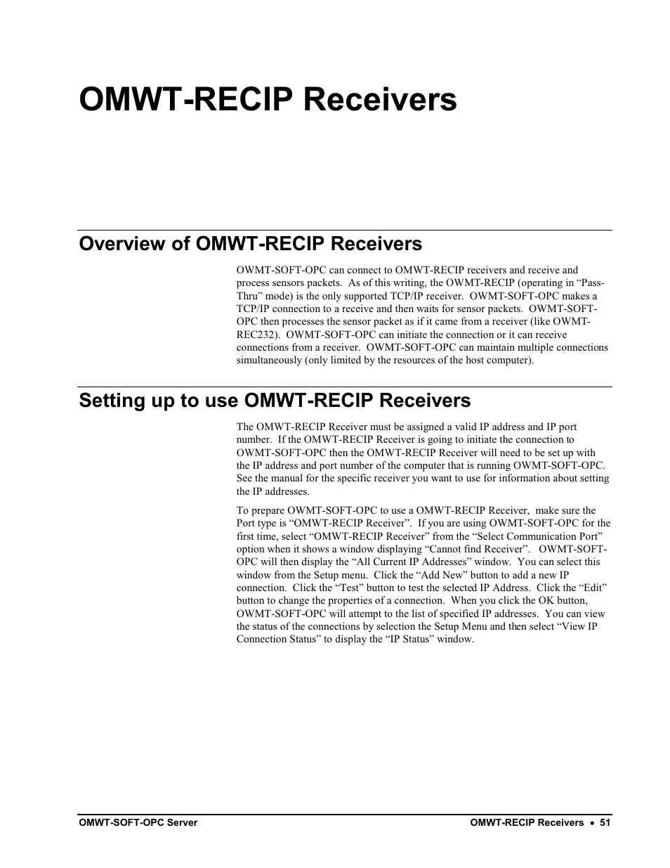 File format - data log, Omwt-recip receivers, Overview of omwt-recip receivers | Setting up to use omwt-recip receivers | Omega Engineering M-4066 User Manual | Page 55 / 63