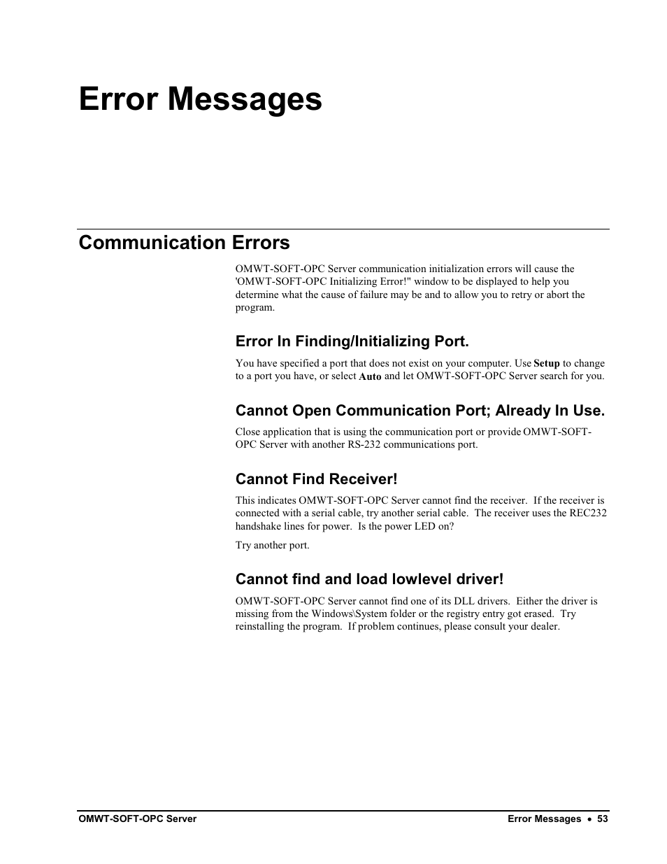Omwt-recip receivers, Overview of omwt-recip receivers, Setting up to use omwt-recip receivers | Error messages, Communication errors | Omega Engineering M-4066 User Manual | Page 57 / 63