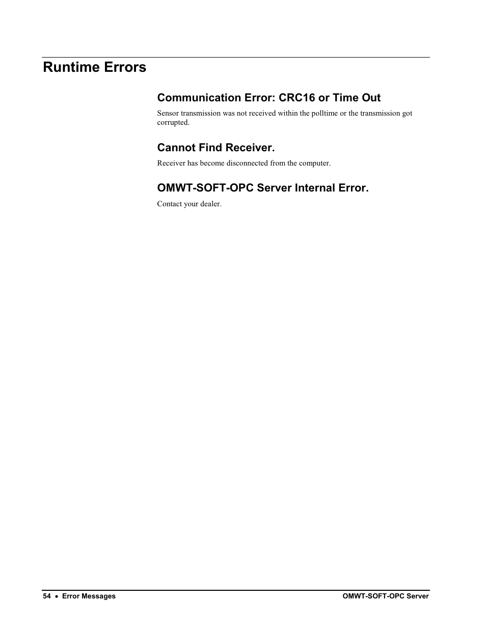 Omwt-recip receiver notes, Runtime errors | Omega Engineering M-4066 User Manual | Page 58 / 63